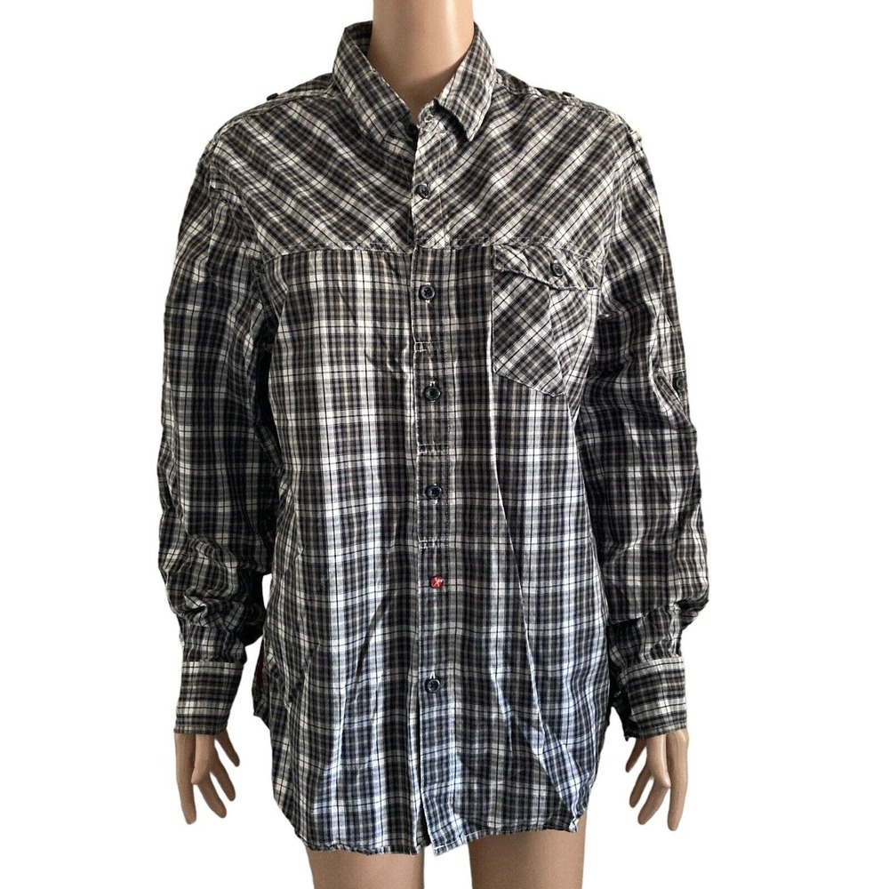 Marc Ecko Shirt Mens Large Cut n Sew Plaid Shirt Black White Button Front